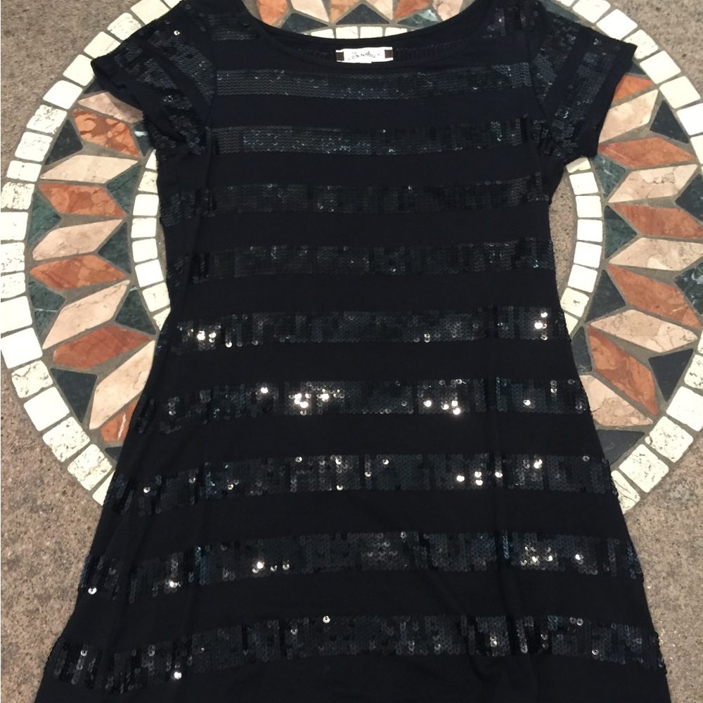 Long Black Tunic Sequin Top Shirt / Mini Dress Glam  L